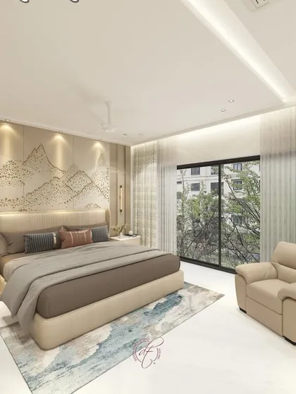This 3D render visualizes a serene bedroom with a custom headboard featuring a beautiful mountain art design. The neutral tones and soft lighting create a calm and inviting atmosphere.