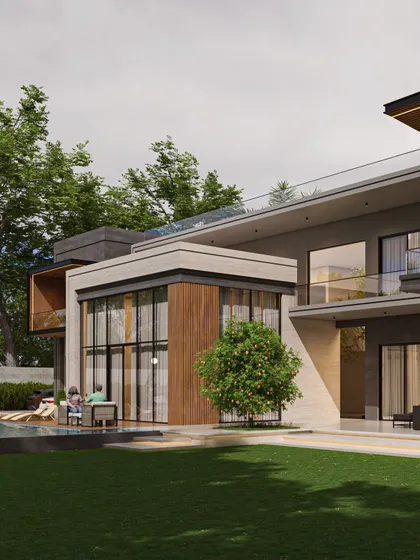This residence blends neoclassical sensibilities with contemporary design. The facade is defined by masses that push and pull, creating a rhythmic balance between solidity and void, all grounded in a modern material palette.