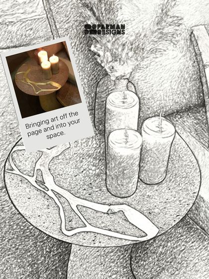 Bringing art off the page and into your space. This sketch and photo combination shows the journey of the Rooh Side Table from a concept to a finished piece that quietly finds its way into the spotlight.