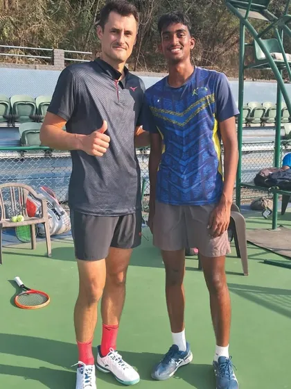 Another great experience for our player Mukil, pictured here with ATP professional Bernard Tomic during his visit to our centre.