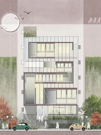 This is a conceptual elevation for a large-scale commercial complex in Bengaluru. Our design explores the interplay between transparent glass and solid forms, creating a facade that appears to change throughout the day and gives each level a unique architectural identity.