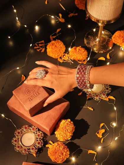 A festive moment captured. This image showcases some of my statement pieces, like the Raiya cocktail ring and the Pink Dew Drop bracelet, styled for a Diwali celebration. It’s all about creating a sparkle as bright as you.