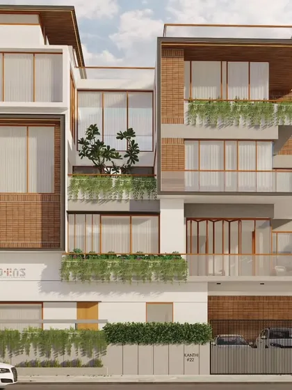 This architectural render for the Kanthi Residence shows our approach to multi-level urban homes. We use a warm brick facade, extensive glazing, and integrated planters to create a dynamic elevation that brings greenery and character to every floor.