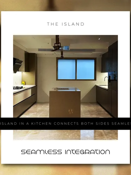 A kitchen island seamlessly connects both sides of the kitchen, creating a sense of unity and improving workflow.