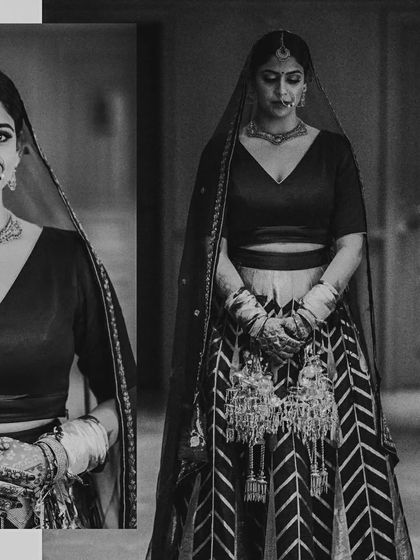 A black and white collage showing two stunning portraits of the bride, one smiling and one more formal, showcasing her complete look.