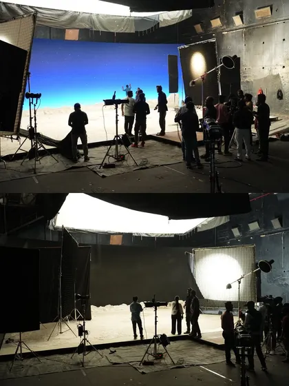 This before-and-after from the Caratlane shoot shows the set with and without the virtual background. The bottom image reveals the lighting and diffusion panels used to create the soft, flattering light on the actress.