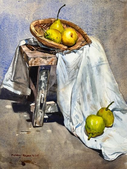 The final version of the pear still life. The cool blue background contrasts with the warm tones of the wooden stool and the green of the pears.