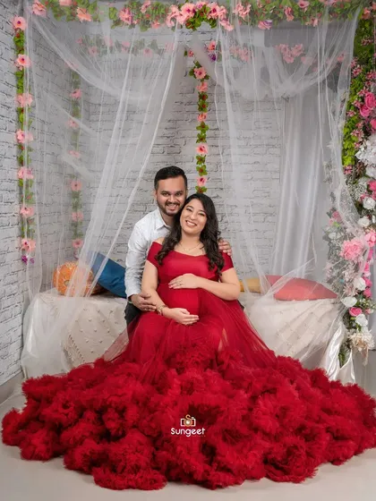 A happy and relaxed couple's portrait in our romantic bed setup, perfect for a cozy and intimate feel.
