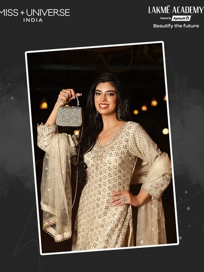 This contestant's look for the Sufi Night, created by my students, showcases a classic combination of a bold lip and elegantly styled hair, proving their readiness for professional work.