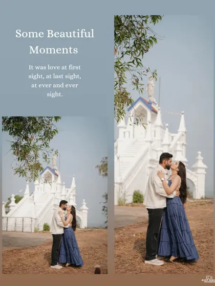 A two-panel collage showing the couple kissing and embracing, with the beautiful white church as a stunning backdrop for their love story.