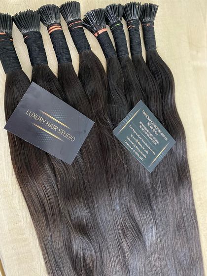 Our Luxury Hair Studio branded I-Tip extensions, showcasing our commitment to quality and professional presentation.