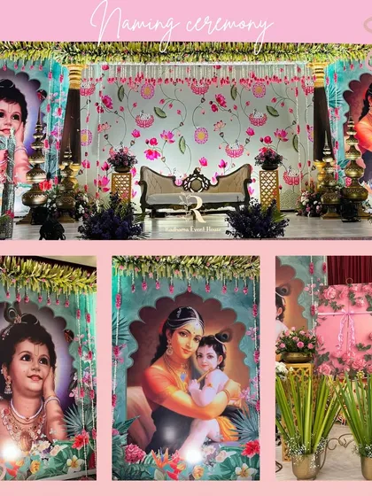 A collage showcasing a divine Krishna-themed naming ceremony. The decor features custom-printed backdrops of Yashoda and Krishna, complemented by delicate floral arrangements and traditional props, creating a truly blessed atmosphere.