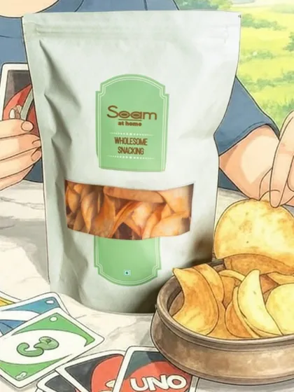 An anime-style illustration of a game night with my baked chips. It shows that my snacks are a part of fun, modern lifestyles, blending tradition with pop culture.