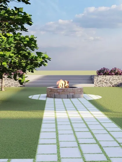 A 3D design for a client who requested a fire pit and seating area. This rendering shows a possible layout with a stone fire pit, paver pathway, and lawn.