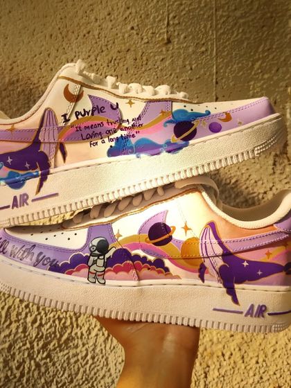 Holding up the second BTS custom pair. The pastel colors look so dreamy in the sunlight.