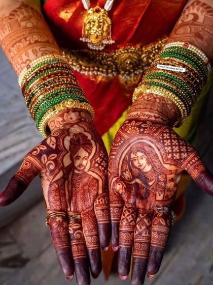 A duplicate image of the rich henna stain on a custom bride and groom portrait mehandi.