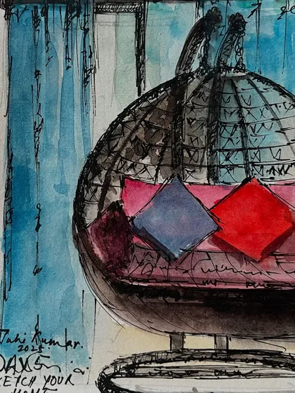A close-up of my drawing room sketch, done with ink and watercolor. Capturing moments from my own home is a lovely way to practice.