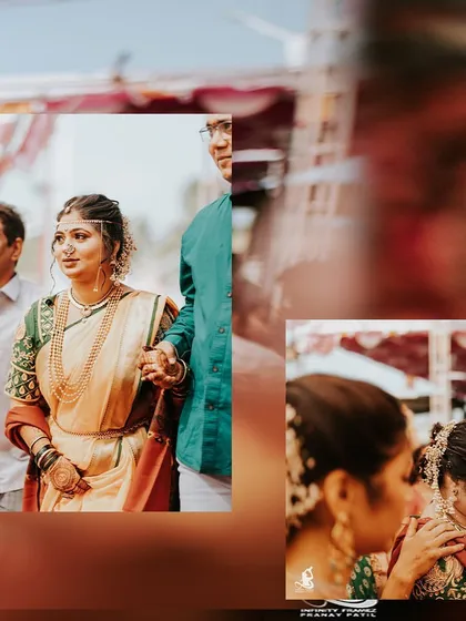 A collage that captures the bride's journey down the aisle and emotional moments with her family.
