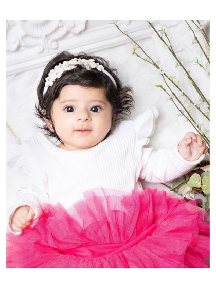 Your baby’s first smiles and wide-eyed wonder. This 3-month-old looks adorable in her tutu, ready for her close-up.