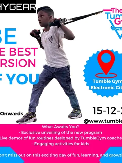 An announcement for an exclusive event at Tumble Gym Electronic City, featuring live demos and engaging activities for kids.
