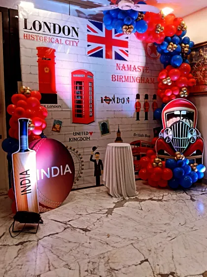 Here is a unique London-themed birthday decoration I put together. The setup includes a custom backdrop with iconic British symbols, themed props like a red telephone booth, and a red and blue balloon arch, offering a creative twist for a memorable party.