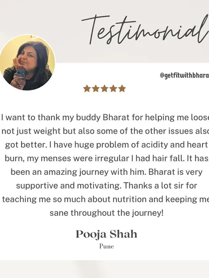 Pooja not only lost weight but also saw improvements in other issues like acidity, irregular menses, and hair fall. She thanks me for teaching her about nutrition.