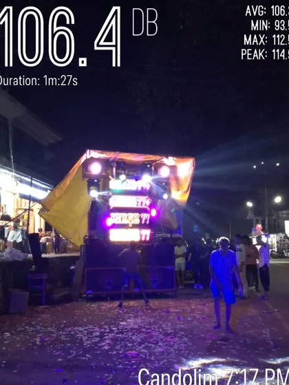 A photo showing the sound level measurement of a street party in Goa during the Narakasura festival, reaching over 106 decibels.
