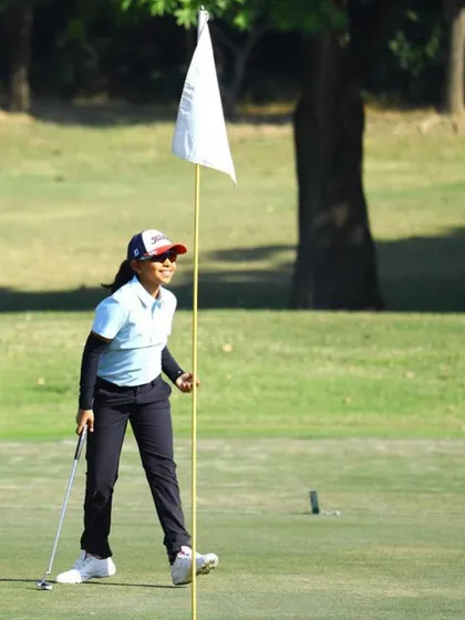 A celebratory moment for Aahana Shrivastava after a podium finish at the US Kids Golf Indian Championship.