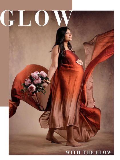 A graphic-enhanced image titled "Glow with the Flow," perfectly describing our stunning satin drape sessions.