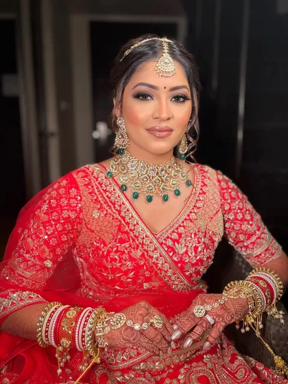 A close-up of Krisha's wedding makeup, showing the detailed eye work and the flawless, glowing skin that is my signature.