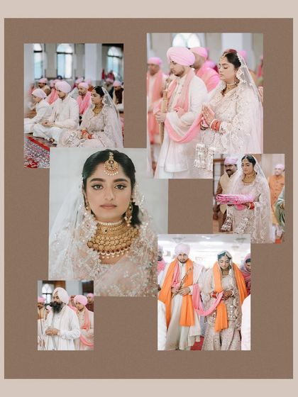 A collage telling the story of a Sikh wedding. It includes portraits of the bride, moments from the ceremony, and the spiritual leaders, painting a complete picture.