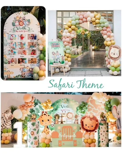 A safari theme is always a hit for a first birthday. This collage shows how we tie the theme together across different elements, from the personalized 'My Gold Year' milestone board to the balloon arch entrance and the main 'Wild One' dessert table.