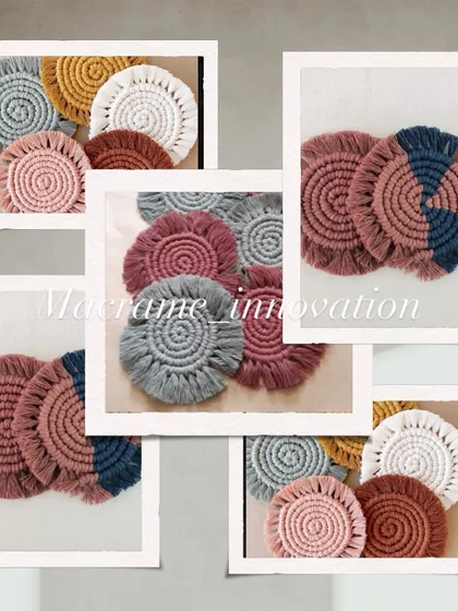 A collage showcasing the variety of colors and styles available for my macrame coasters. You can mix and match to create the perfect set for your home.