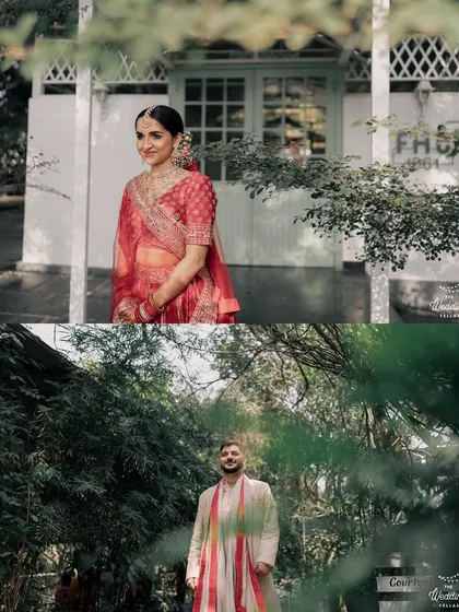 A split-screen view of a bride and groom in separate moments before their wedding. The top photo shows the bride in front of our cottage, while the bottom shows the groom amidst the trees.