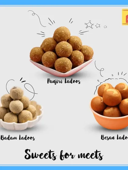 A glimpse of my classic ladoo collection. You can see my wholesome Panjiri Ladoos, rich Badam Ladoos, and timeless Besan Ladoos, each made with love and natural ingredients.