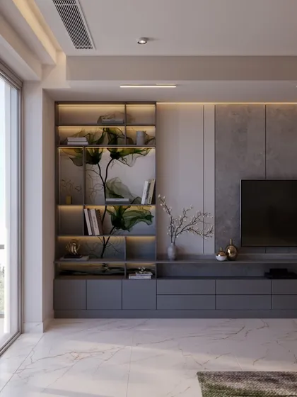 A detail of the TV unit, which features an artful, floral wallpaper in the background of the open shelves, adding a touch of nature-inspired beauty.