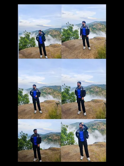 A collage showing a trekker posing against the stunning backdrop of clouds and hills at Skandagiri, capturing the joy of the moment.