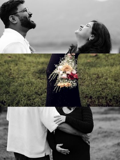 A dynamic black and white collage capturing moments of joy, intimacy, and celebration from a single maternity session.