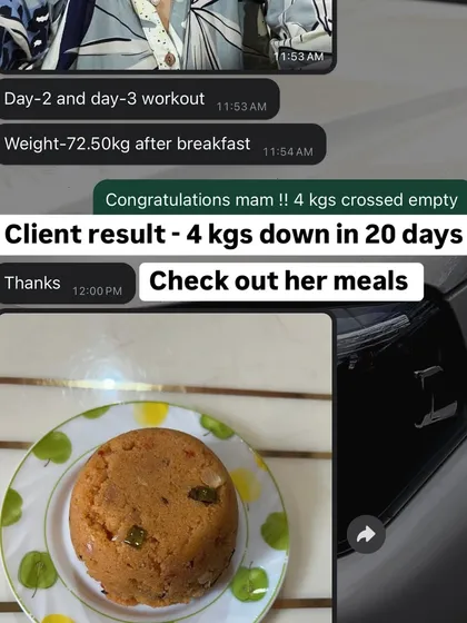 4 kgs down in 20 days for this working professional. She is happy with her progress and the easy-to-prepare home-based meals that fit her busy schedule.