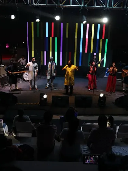 The Manzil Mystics Band performing on the main stage at the Nanhe Kadam Bal Utsav. We love bringing our music to large community festivals and celebrations.