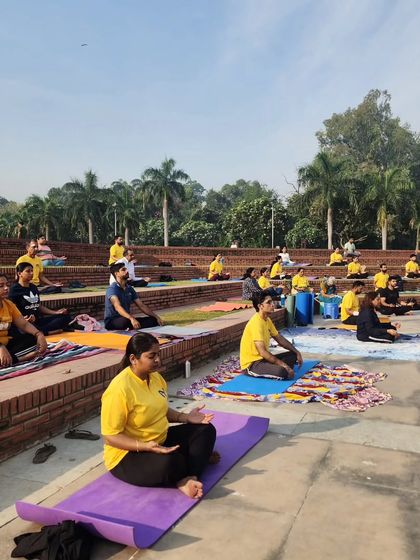 A moment of quiet meditation during our outdoor yoga session at the picnic. Finding peace together in nature is a core part of our community events.