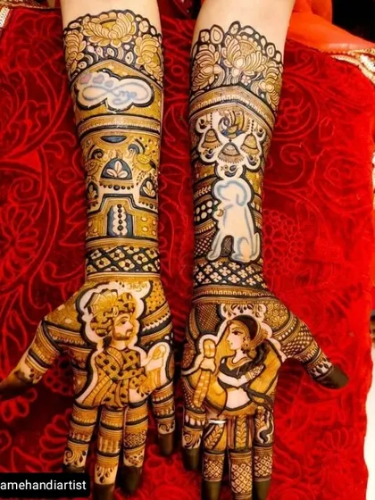 An example of how I incorporate truly personal elements into bridal mehendi. This design features beautiful portraits of the bride and groom, along with a special illustration of their beloved pet dog, making it a unique and heartfelt piece.