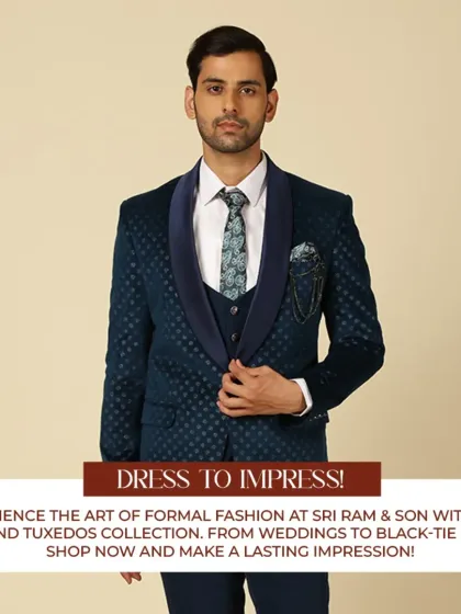 Dress to impress. This textured blue velvet tuxedo is designed for making a lasting impression at weddings and black-tie events.