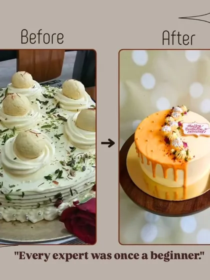 Every expert was once a beginner. This comparison shows the evolution of my Rasmalai fusion cake, from an early attempt to a much more refined and elegant design.
