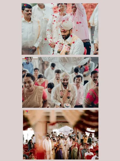 A collage of moments from the groom's arrival and the wedding ceremony. These candid shots capture the divine atmosphere and the happy faces of family and friends.