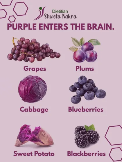 Purple foods enter the brain. Grapes, plums, blueberries, and purple cabbage are loaded with anthocyanins, which are powerful antioxidants that support brain health, memory, and cognitive function.