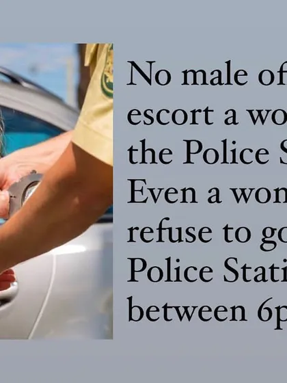 This graphic explains the specific rights women have during an arrest, such as the right to not be taken to a police station between 6 pm and 6 am.