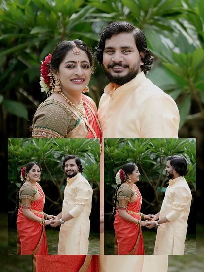 A collage of the couple posing together, capturing their loving glances and happy smiles.
