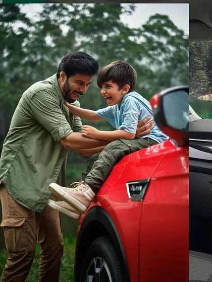 Another collage from the Skoda campaign, highlighting beautiful family moments and the car's features in a scenic Kerala backdrop.