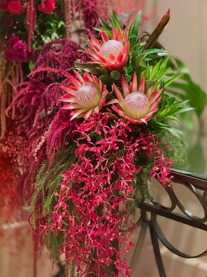 A detail shot of the king protea flowers, whose unique shape and soft color provide a beautiful contrast to the surrounding deep red florals.